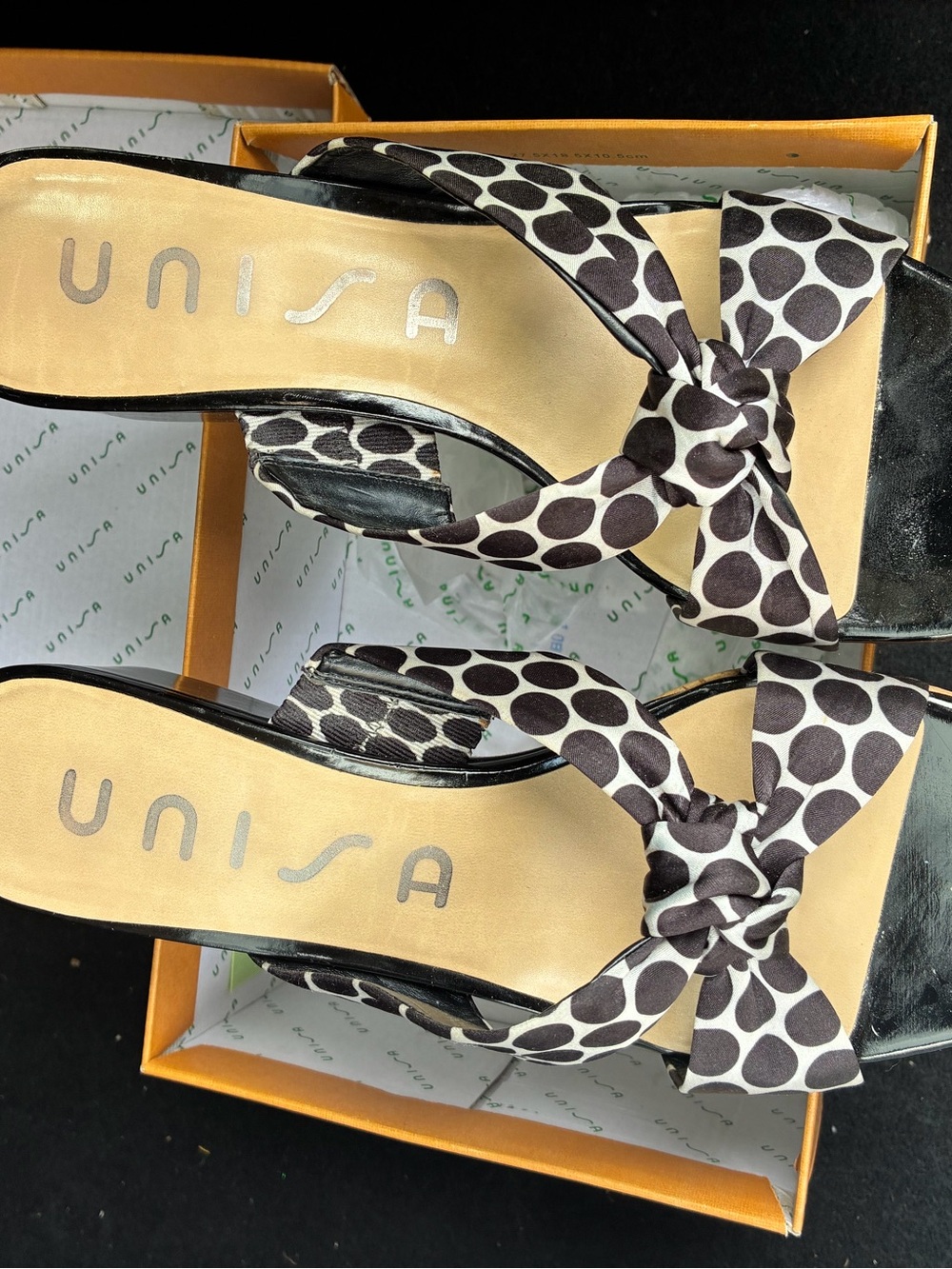Unisa Black & White Polka Dot Knot Slide Sandals